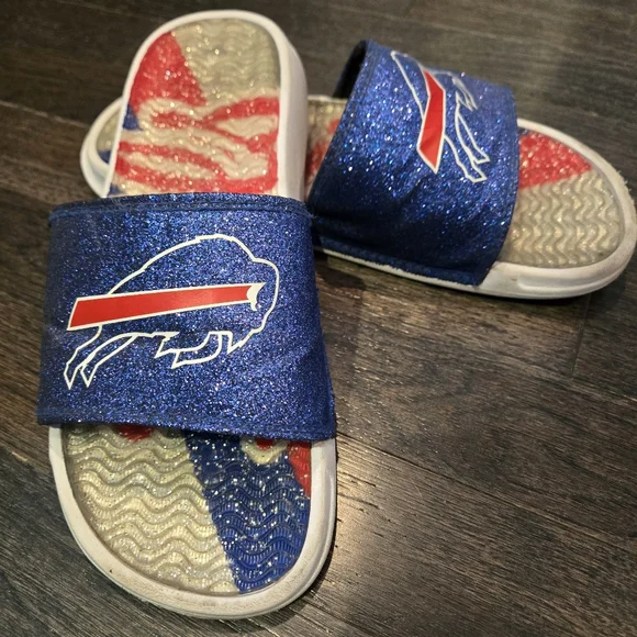 NFL Buffalo Bills Slide Sandals - Glitter Sparkle - Blue, White, Red - SZ 7/8 - Picture 1 of 8